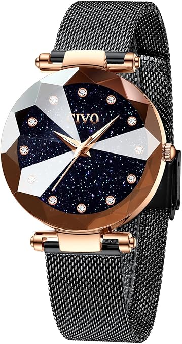 CIVO Women’s Analog Quartz Watch – Waterproof, Stainless Steel Mesh Strap, Diamond Dial