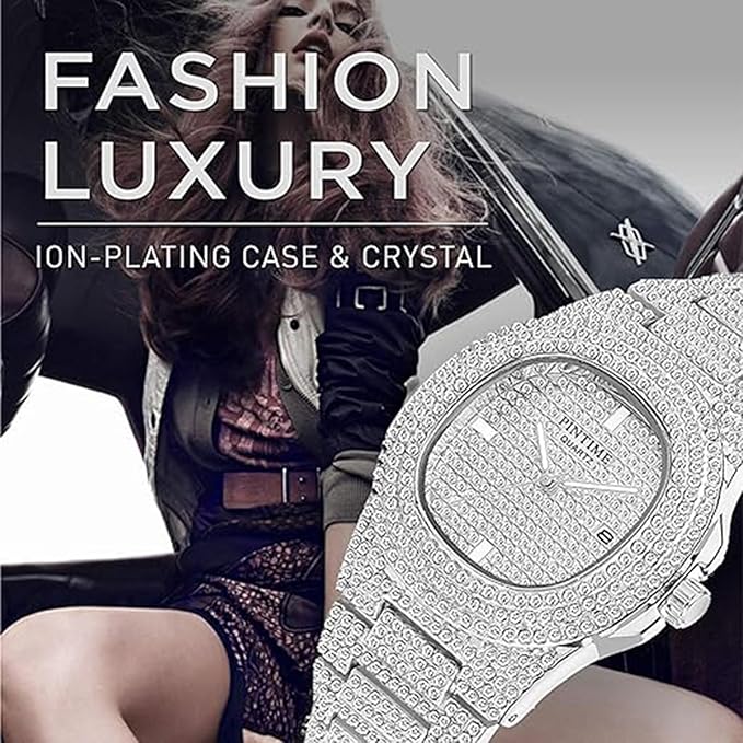 Unisex Luxury Full Diamond Watch Silver Gold Quartz Analog Stainless Steel Bracelet