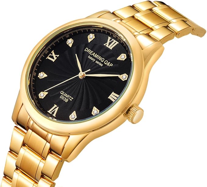 Men’s Gold Plated Watch – Roman Numeral Dial with Rhinestones