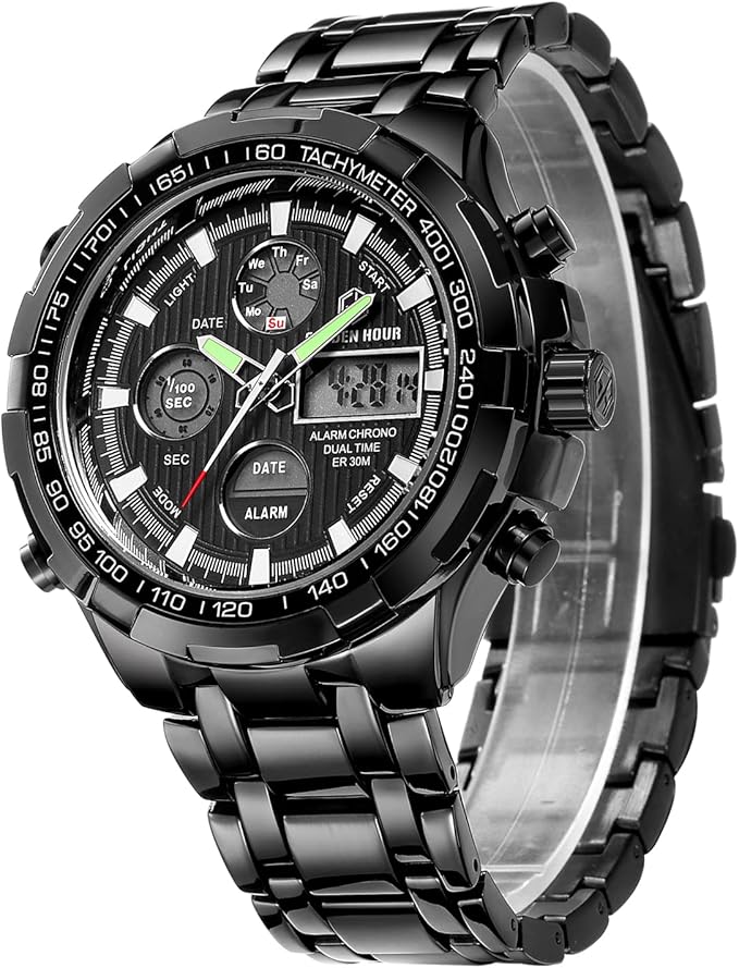 GOLDEN HOUR Men’s Analog-Digital Sport Watch – Stainless Steel, Waterproof