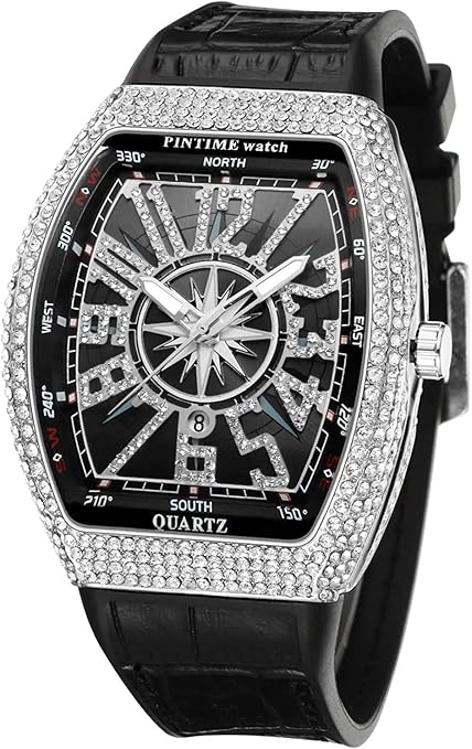 FANMIS Men’s Skull Big Face Watch – Punk Diamond Dial, Leather Strap