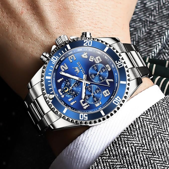 OLEVS Men’s Luxury Chronograph Watch – Moon Phase, Waterproof, Stainless Steel