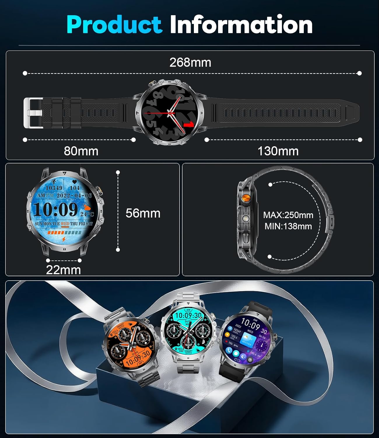 LIGE Men’s Military Smart Watch – 1.85” HD, Bluetooth Call, 120+ Sports Modes