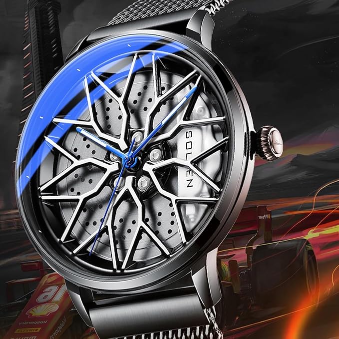 SOLLEN Men’s Quartz Wheel-Design Stainless Steel Waterproof Watch