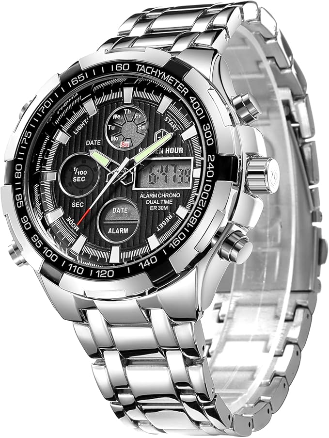 GOLDEN HOUR Men’s Analog-Digital Sport Watch – Stainless Steel, Waterproof