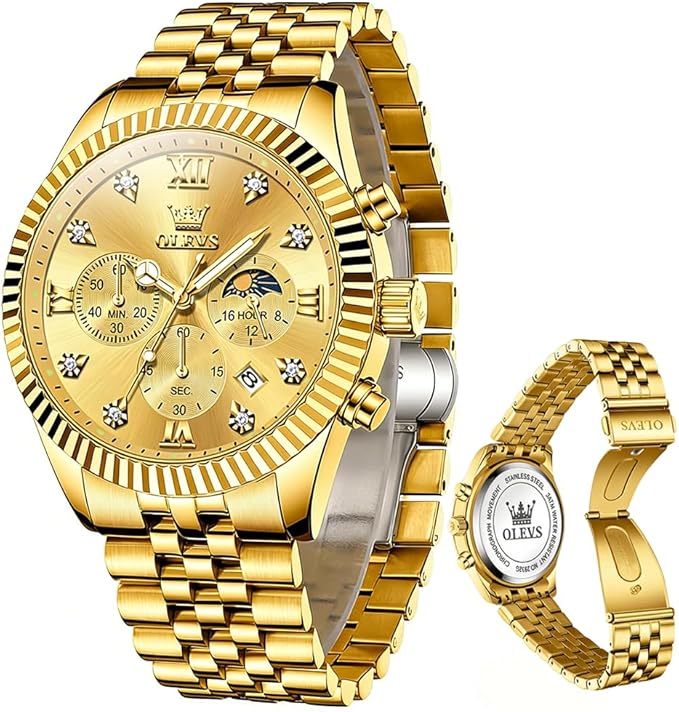 OLEVS Stainless Steel Chronograph Moon Phase Waterproof Quartz Watch