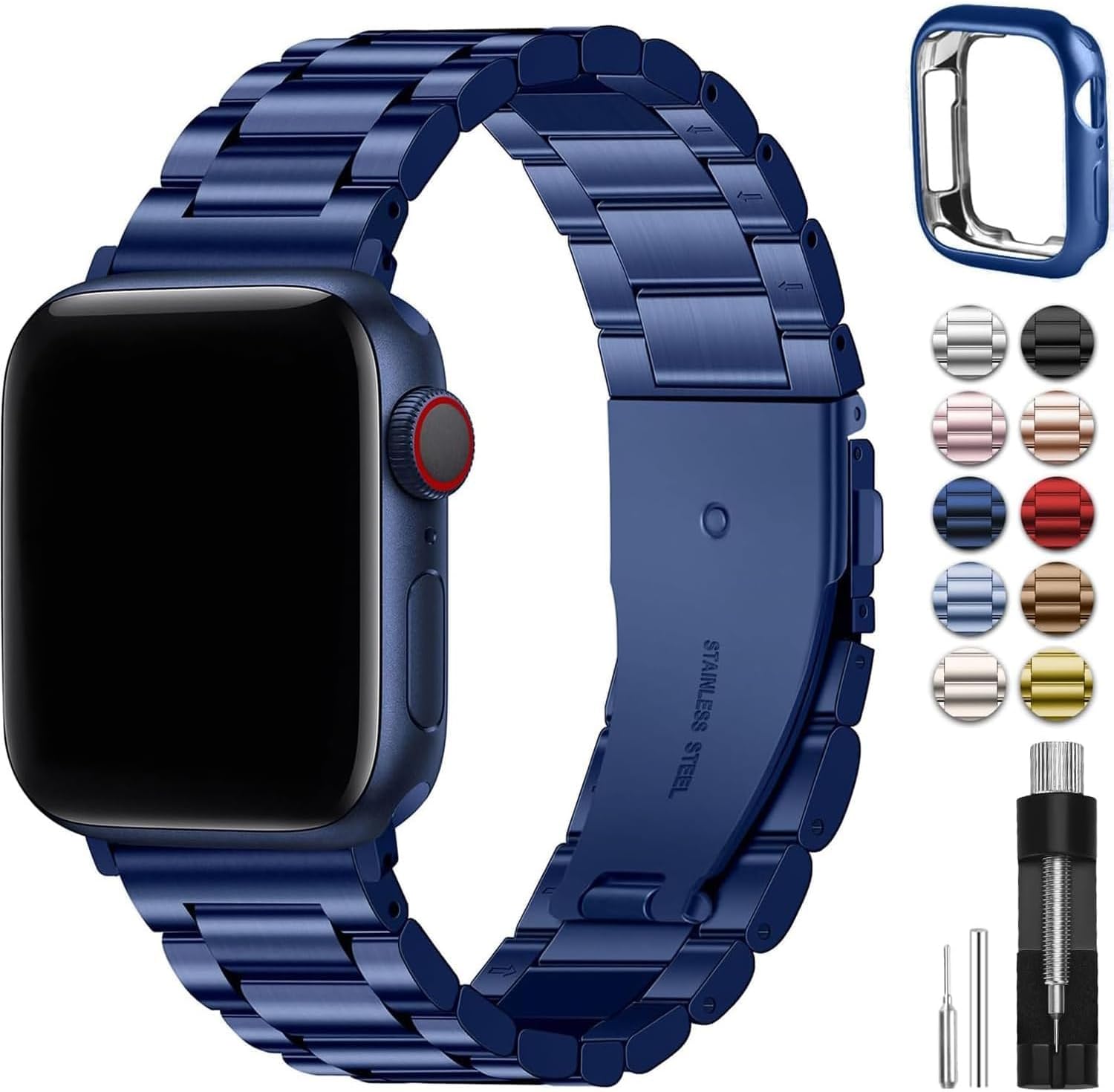 Fullmosa Stainless Steel Band with Case for Apple Watch 45/44/42mm – Blue