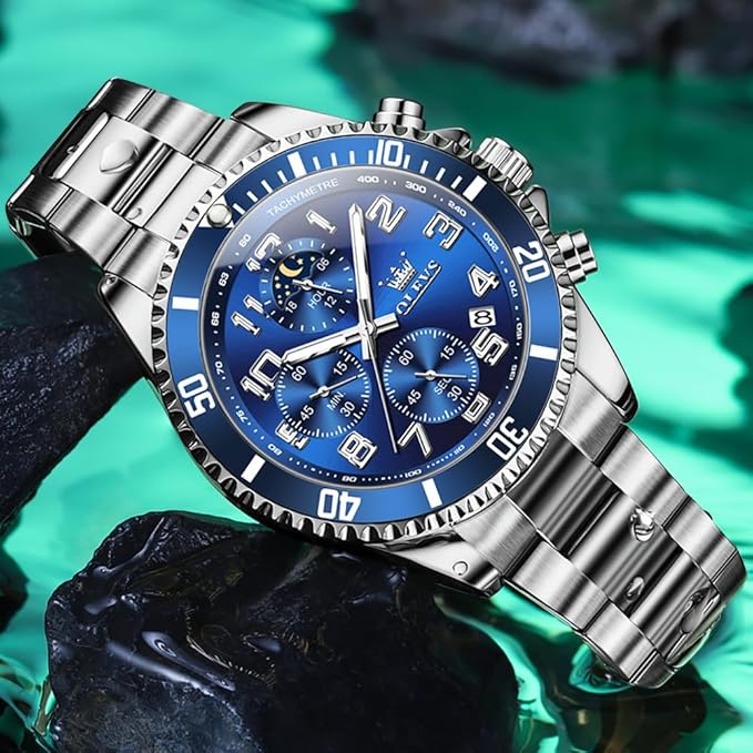 OLEVS Men’s Luxury Chronograph Watch – Moon Phase, Waterproof, Stainless Steel