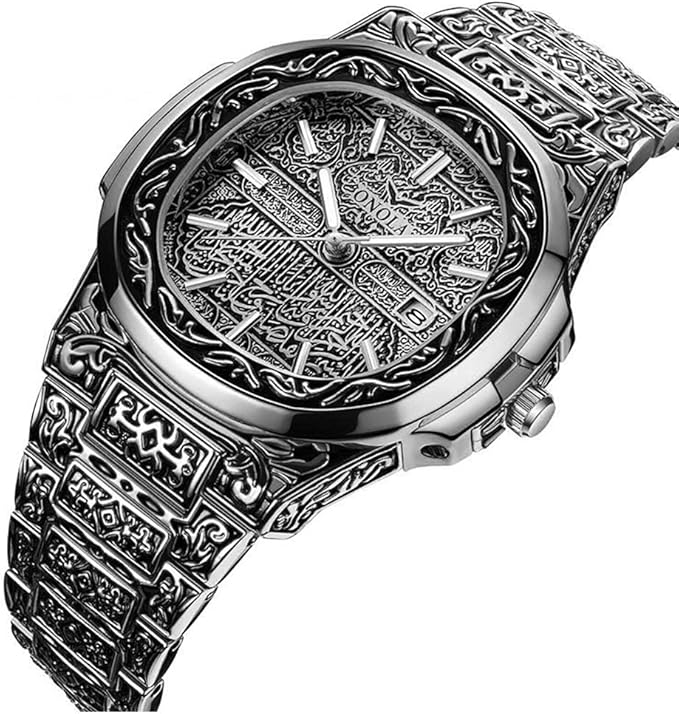 Retro Men’s Quartz Watch – Tattoo Pattern Stainless Steel, Waterproof