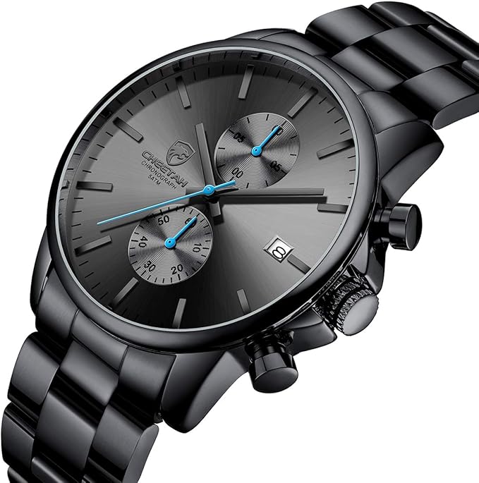 GOLDEN HOUR Men’s Watch, Black Stainless Steel, Chronograph & Waterproof