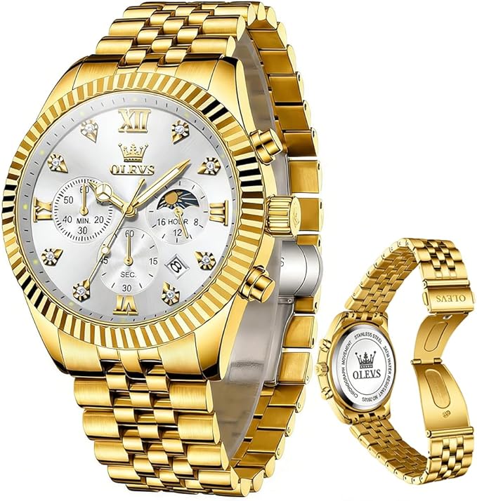 OLEVS Stainless Steel Chronograph Moon Phase Waterproof Quartz Watch