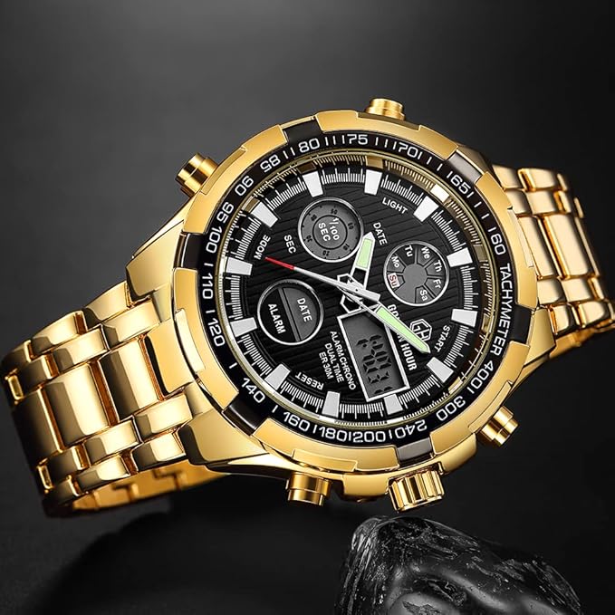 GOLDEN HOUR Men’s Analog-Digital Sport Watch – Stainless Steel, Waterproof