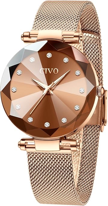 CIVO Women’s Analog Quartz Watch – Waterproof, Stainless Steel Mesh Strap, Diamond Dial