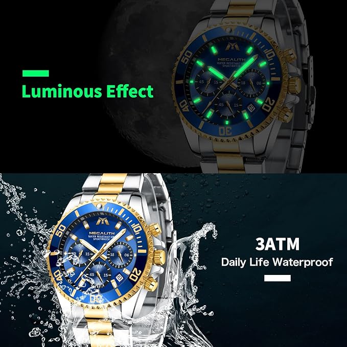 MEGALITH Men’s Stainless Steel Chronograph Quartz Watch – Waterproof, Date