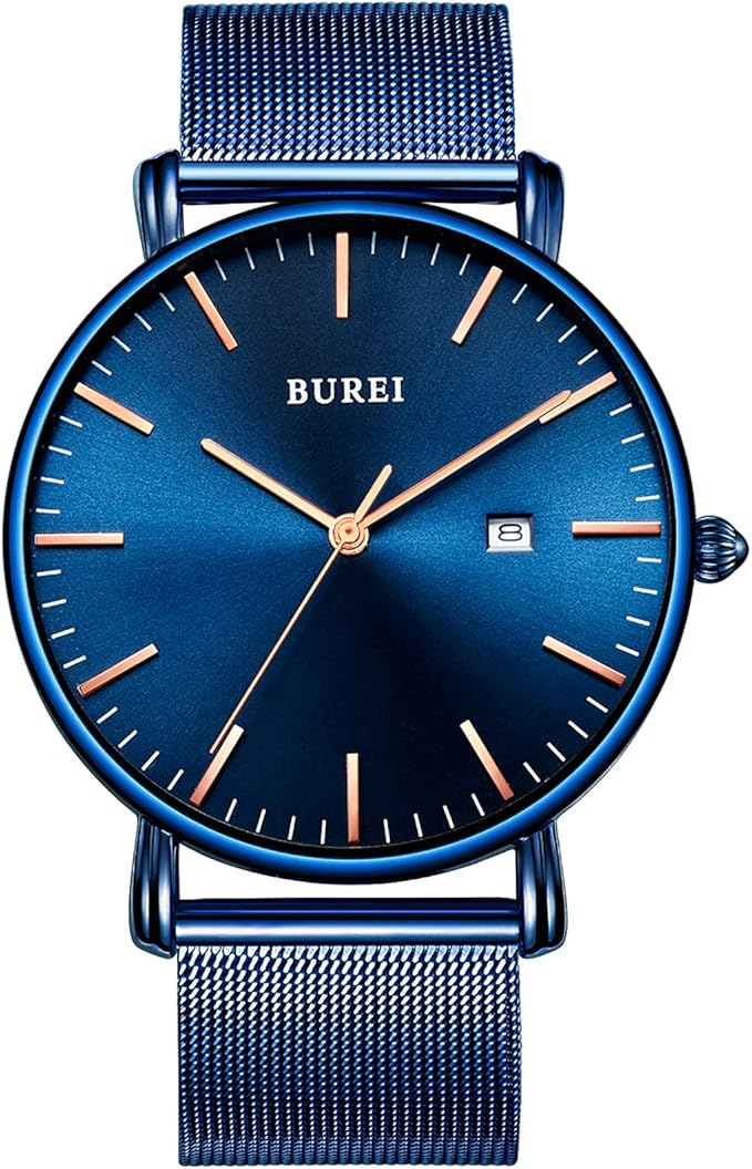 BUREI Men’s Minimalist Wrist Watch – Analog Date, Stainless Steel Mesh Band
