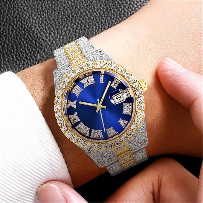 CdyBox Men’s Luxury Hip Hop Watch Set – 3 Pack, Diamond Dial, Roman Scale