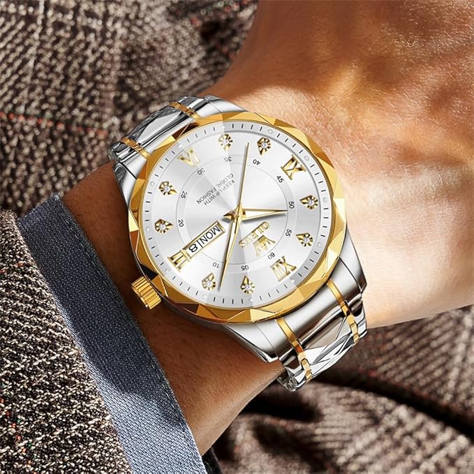 Olevs Men's Luxury Dress Watch: Stainless Steel, Waterproof, Day/Date, Diamond Accents