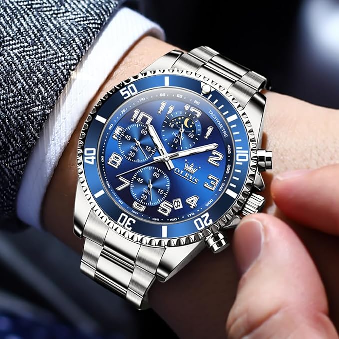 OLEVS Men’s Luxury Chronograph Watch – Moon Phase, Waterproof, Stainless Steel
