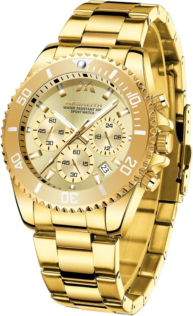 MEGALITH Men’s Stainless Steel Chronograph Quartz Watch – Waterproof, Date