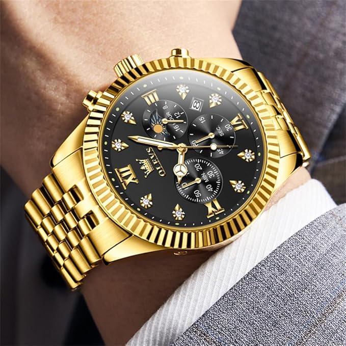 OLEVS Stainless Steel Chronograph Moon Phase Waterproof Quartz Watch