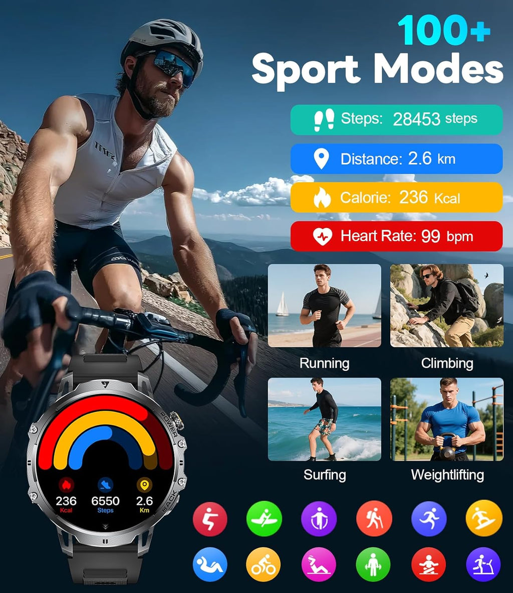 LIGE Men’s Military Smart Watch – 1.85” HD, Bluetooth Call, 120+ Sports Modes