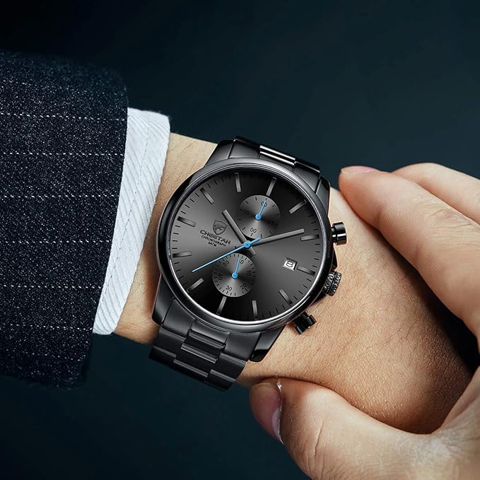 GOLDEN HOUR Men’s Watch, Black Stainless Steel, Chronograph & Waterproof