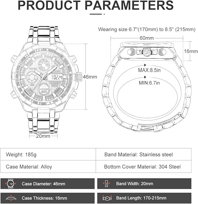 GOLDEN HOUR Men’s Analog-Digital Sport Watch – Stainless Steel, Waterproof