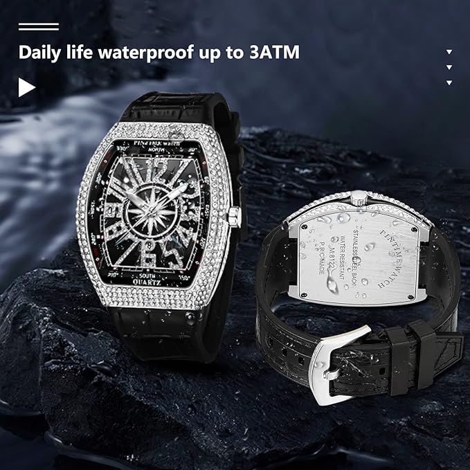 FANMIS Men’s Skull Big Face Watch – Punk Diamond Dial, Leather Strap