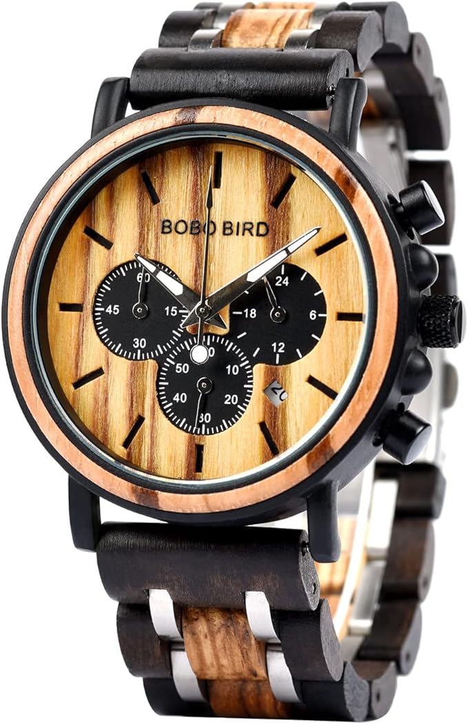 BOBO BIRD Men’s Wooden Watch – Ebony Wood & Stainless Steel Chronograph, Business Casual