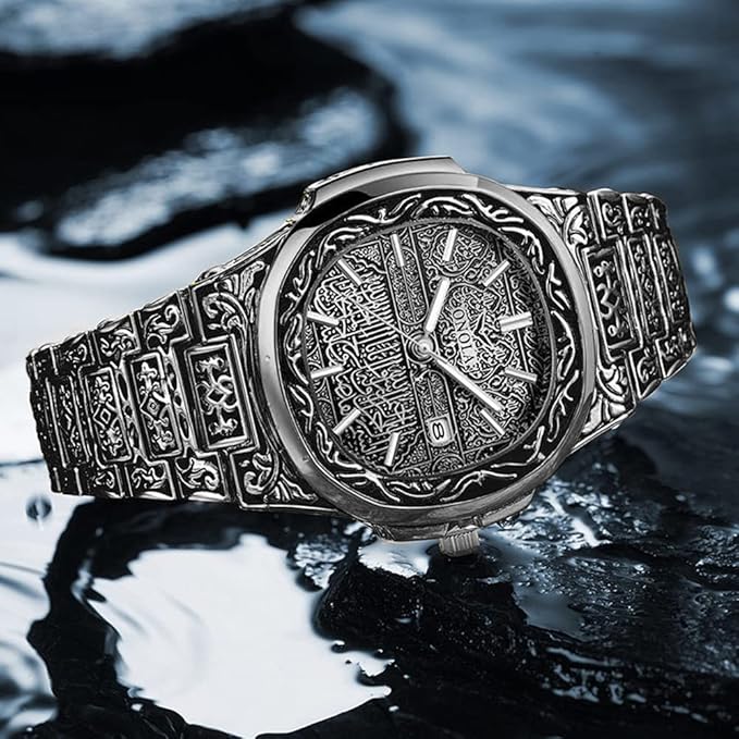 Retro Men’s Quartz Watch – Tattoo Pattern Stainless Steel, Waterproof