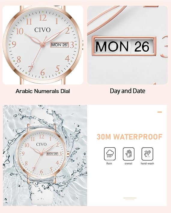CIVO Women’s Leather Analog Watch – White, Waterproof, Elegant Fashion Wristwatch