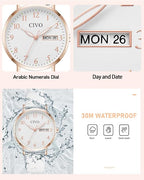 CIVO Women’s Leather Analog Watch – White, Waterproof, Elegant Fashion Wristwatch