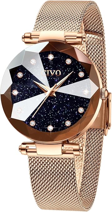 CIVO Women’s Analog Quartz Watch – Waterproof, Stainless Steel Mesh Strap, Diamond Dial
