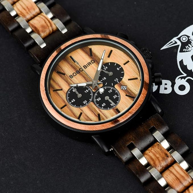 BOBO BIRD Men’s Wooden Watch – Ebony Wood & Stainless Steel Chronograph, Business Casual