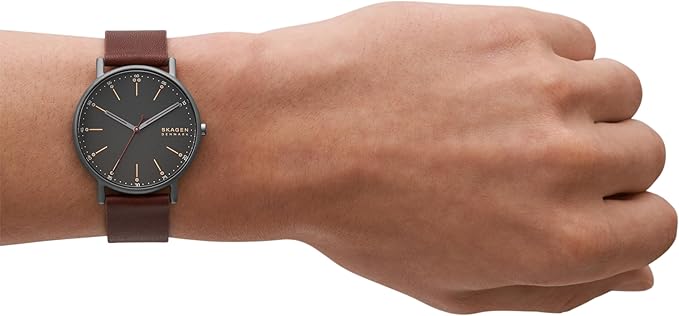 Skagen Men’s Signatur Watch – Gray Steel & Cherry Wood, Brown Leather (SKW6578)