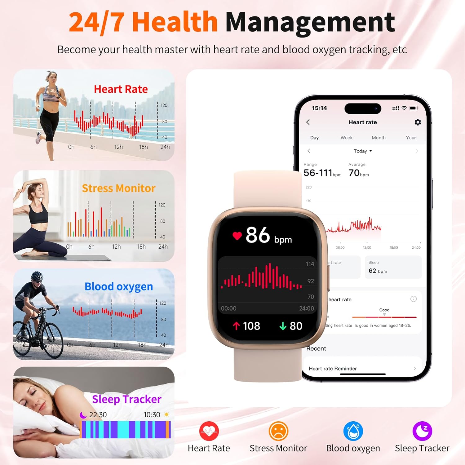 Smart Watch for Men Women, 1.83" HD, Alexa Built-in, Bluetooth 5.3 Calls & Notifications, IP68 Waterproof,100+ Sport Modes,Fitness Tracker/Heart Rate/SpO2/Sleep Monitor for Android iOS (Pink)
