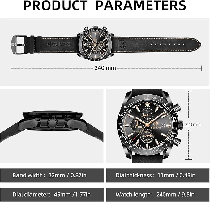 BY BENYAR Men’s Quartz Chronograph Watch – Waterproof, Luminous Big Face