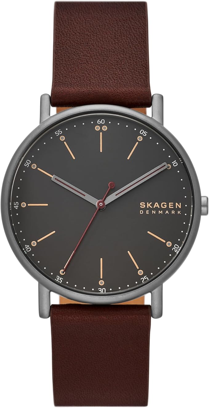 Skagen Men’s Signatur Watch – Gray Steel & Cherry Wood, Brown Leather (SKW6578)
