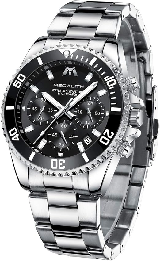 MEGALITH Men’s Stainless Steel Chronograph Quartz Watch – Waterproof, Date