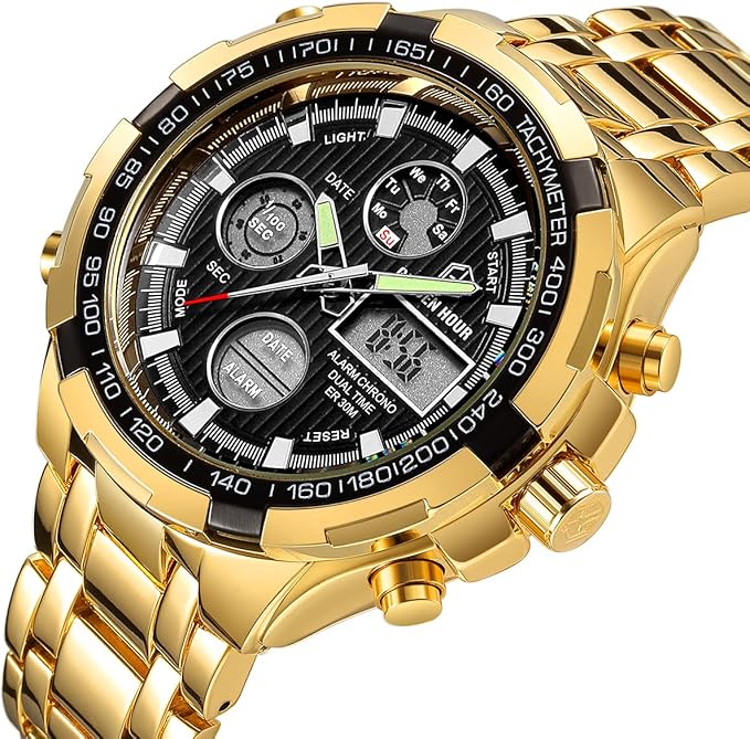 GOLDEN HOUR Men’s Analog-Digital Sport Watch – Stainless Steel, Waterproof