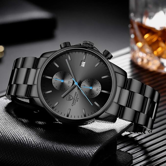GOLDEN HOUR Men’s Watch, Black Stainless Steel, Chronograph & Waterproof
