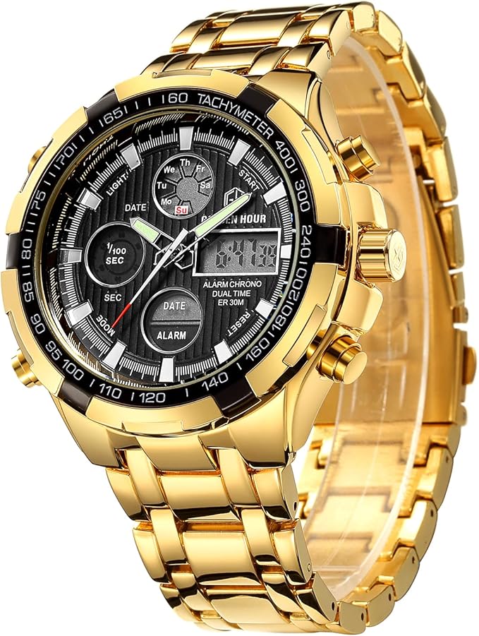 GOLDEN HOUR Men’s Analog-Digital Sport Watch – Stainless Steel, Waterproof