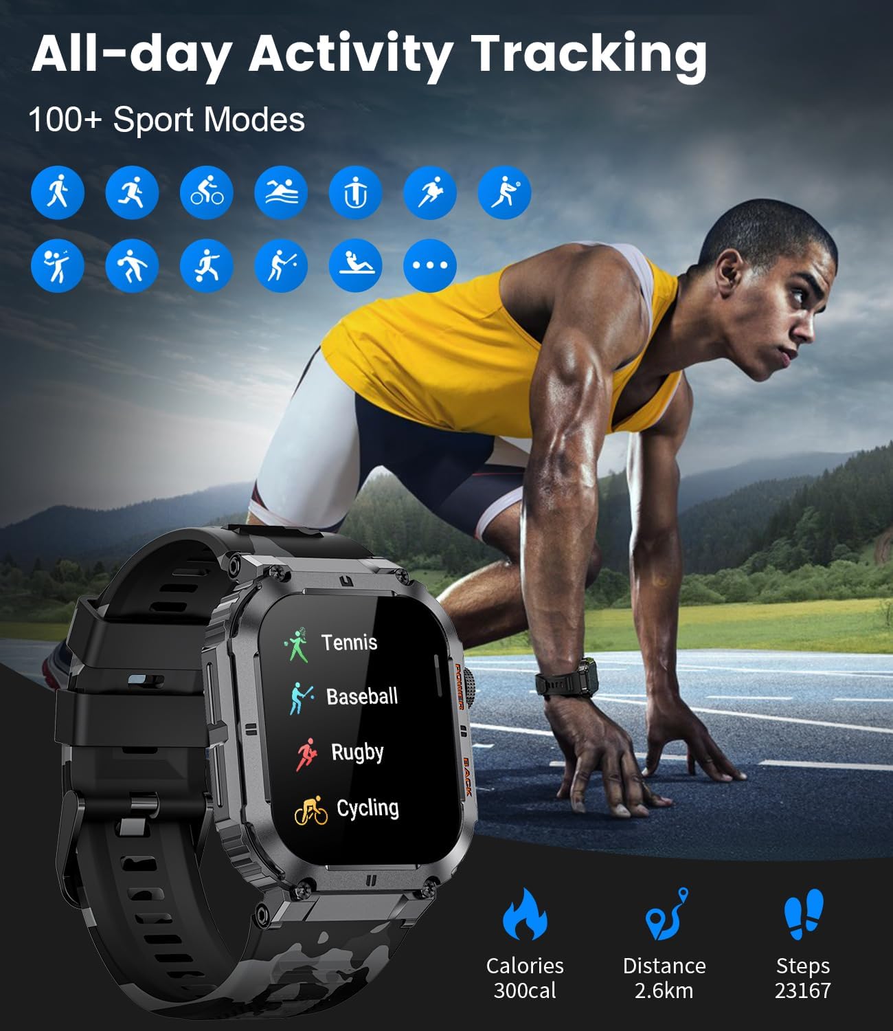ESFOE Military Smartwatch for Men, 1.96″ HD, Calls & Fitness Tracking