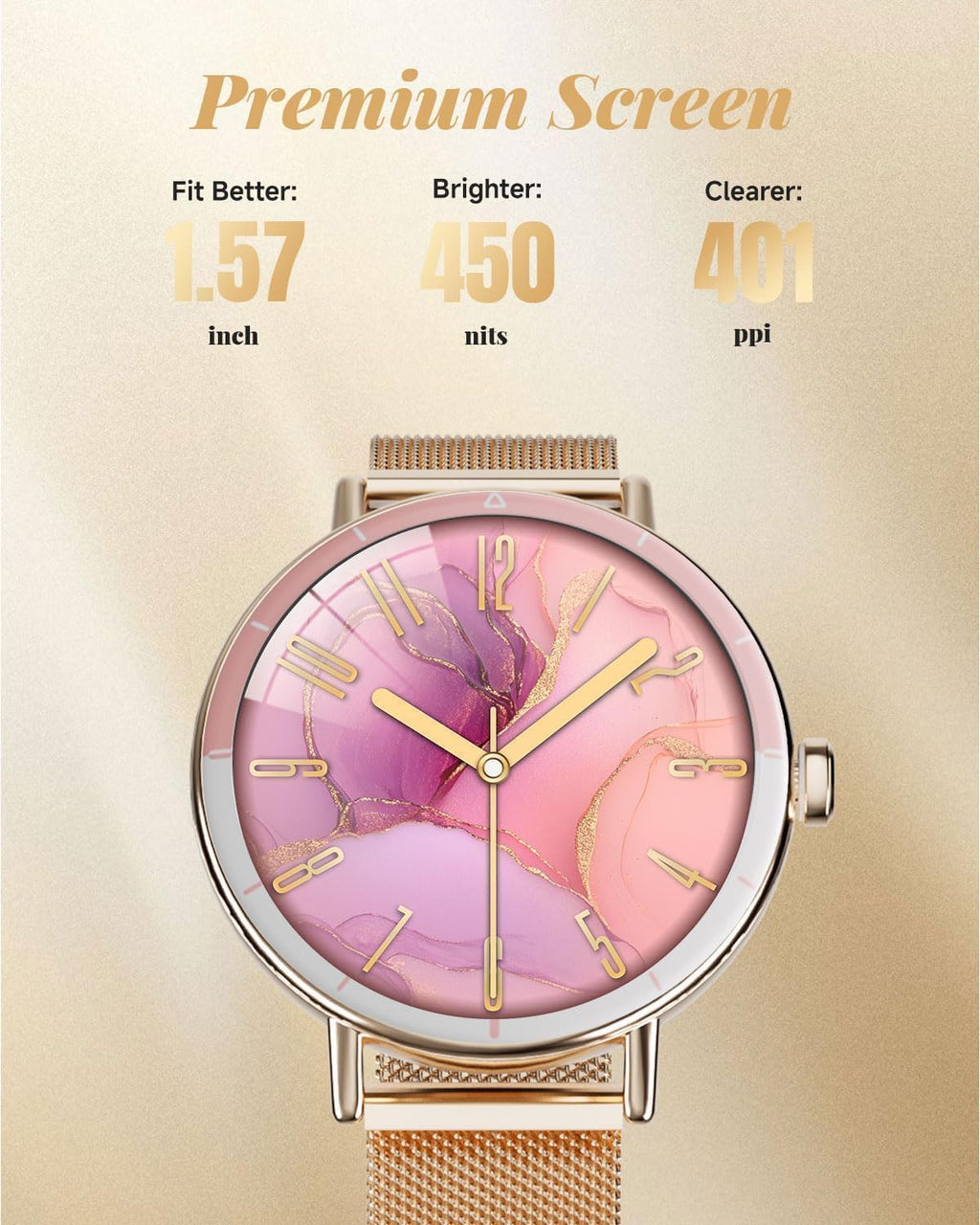TOOBUR Rose Gold Smartwatch for Women, HD Display, Calling & Fitness Tracking