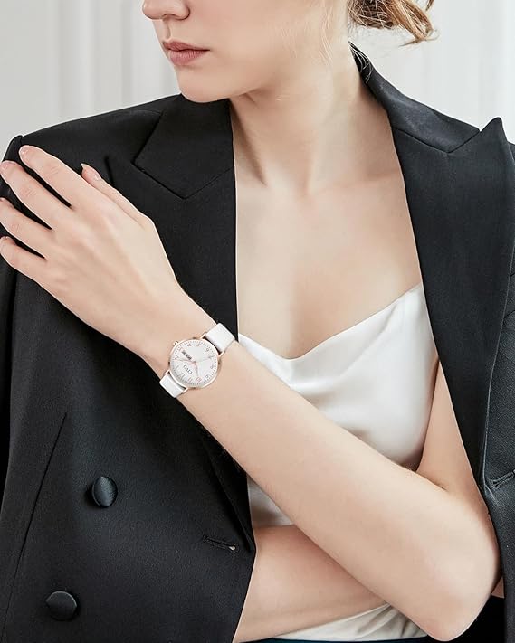 CIVO Women’s Leather Analog Watch – White, Waterproof, Elegant Fashion Wristwatch