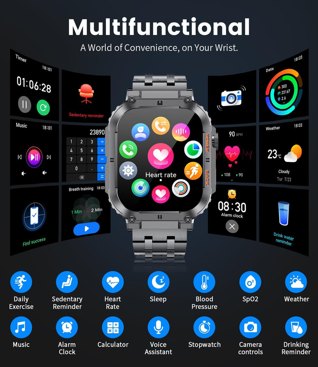 ESFOE Military Smartwatch for Men, 1.96″ HD, Calls & Fitness Tracking