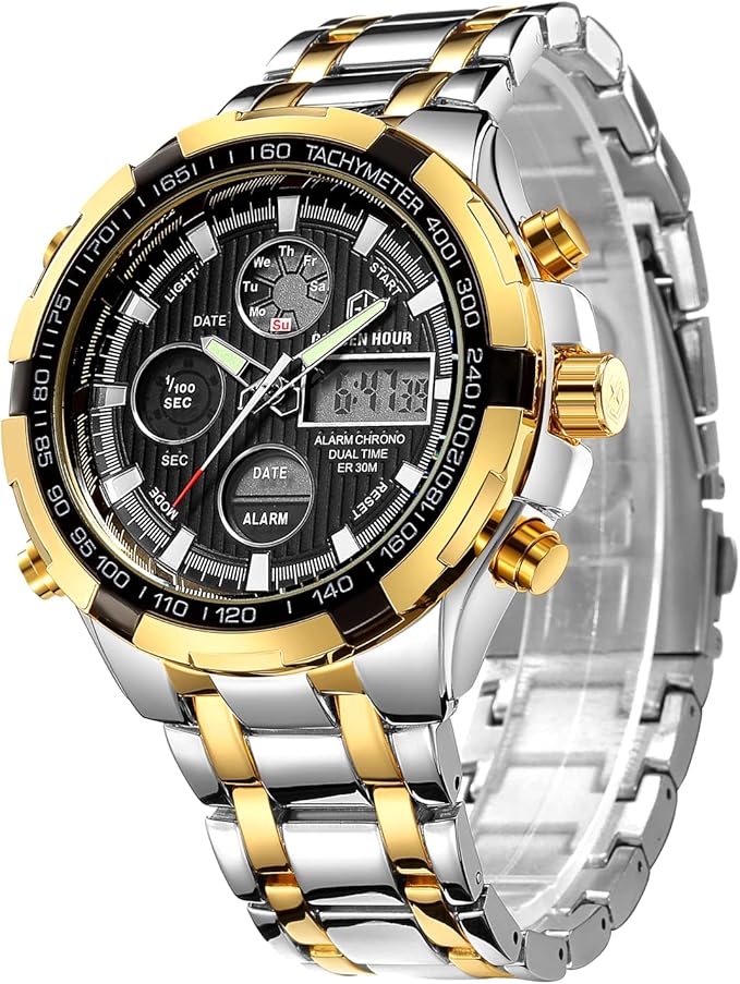 GOLDEN HOUR Men’s Analog-Digital Sport Watch – Stainless Steel, Waterproof
