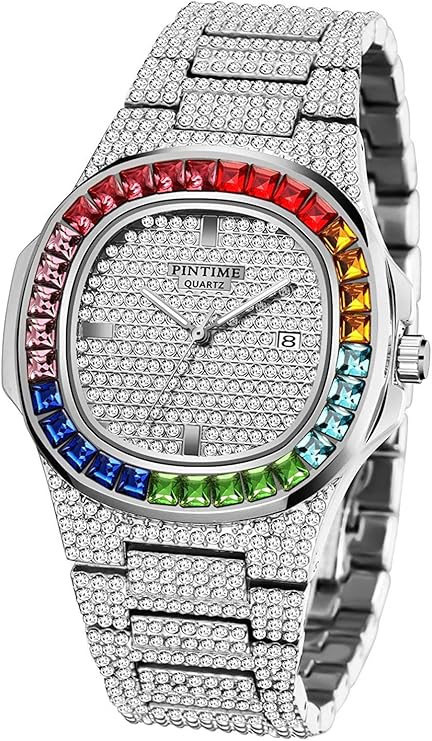Blinged‑Out Colorful Crystal Stainless Steel Bracelet Watch for Men