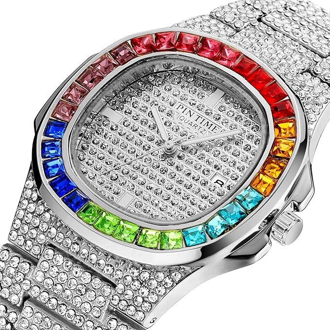 Blinged‑Out Colorful Crystal Stainless Steel Bracelet Watch for Men