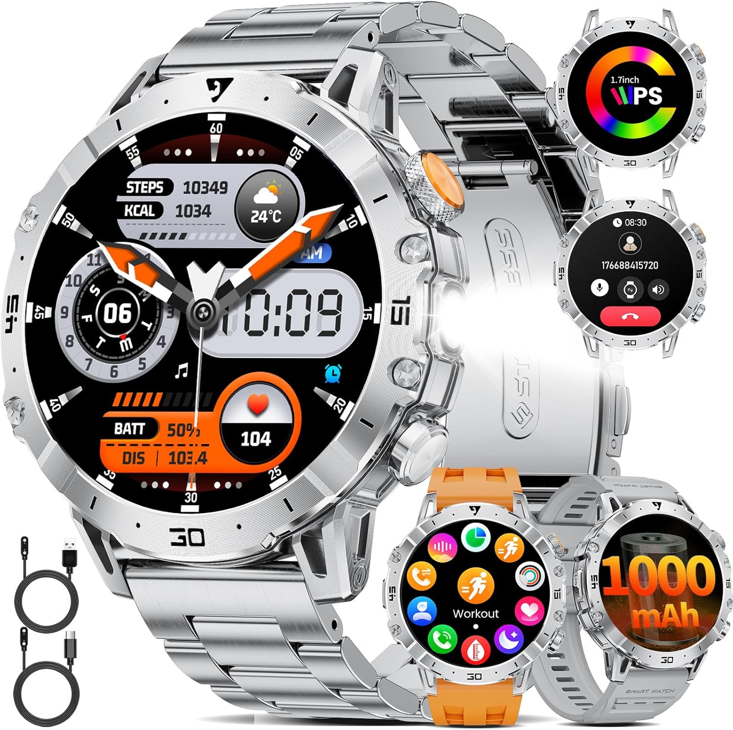 Military Smart Watch for Men – 1.7” Display, Bluetooth Call, 114 Sports Modes